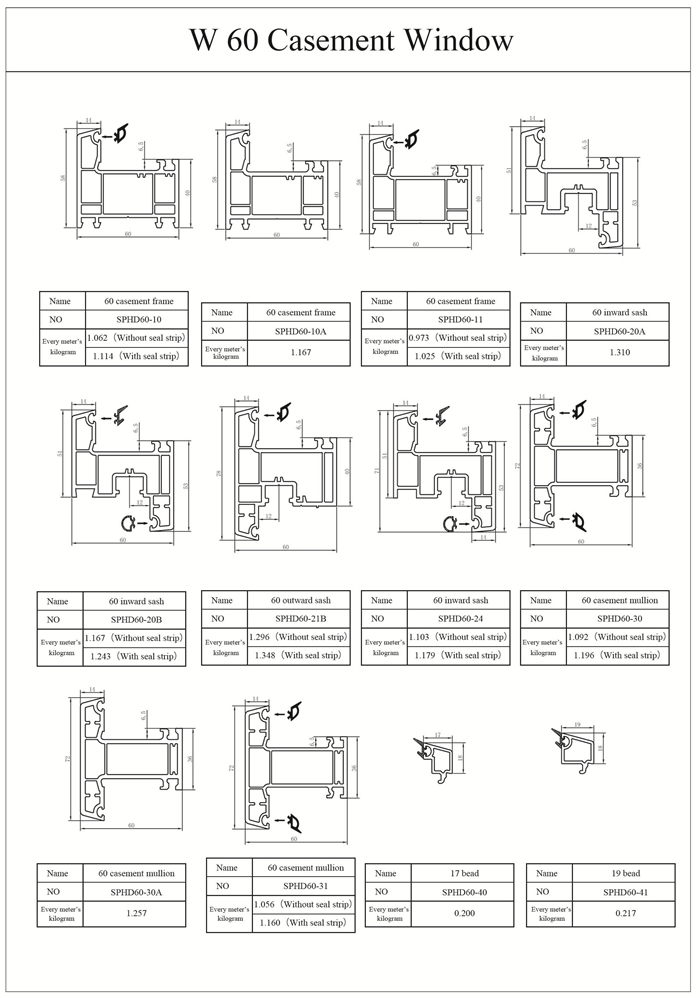 Drawing of 60mm uPVC window profiles