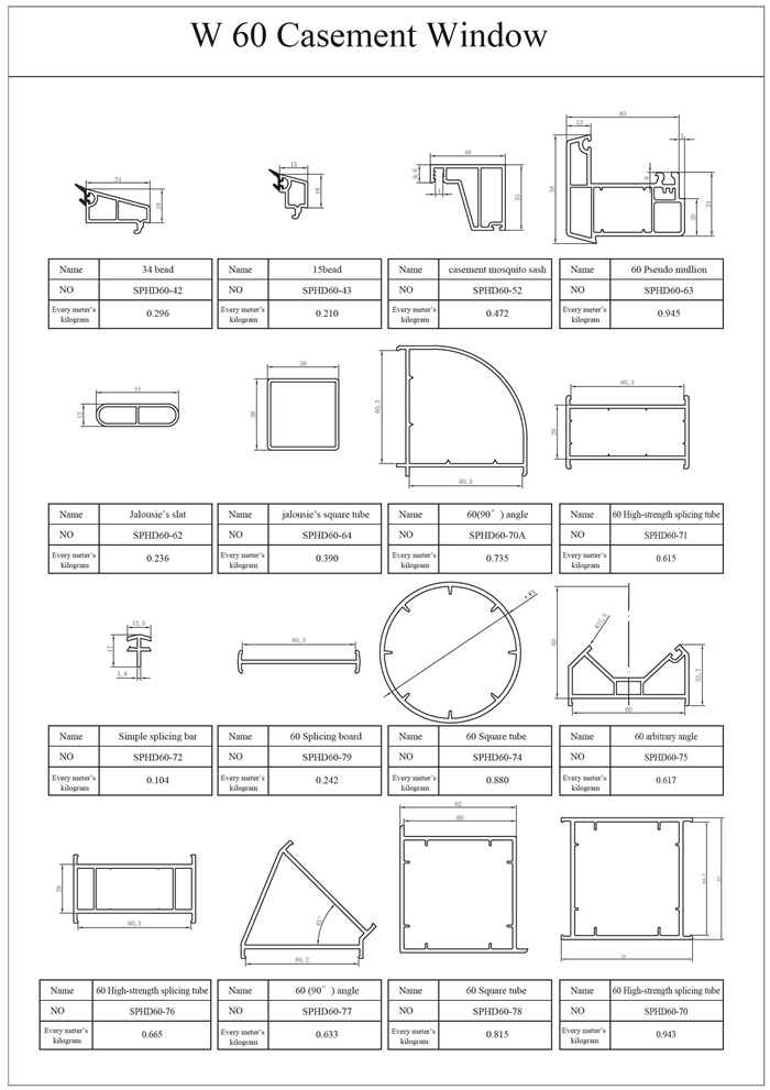 Drawing of 60mm uPVC window profiles