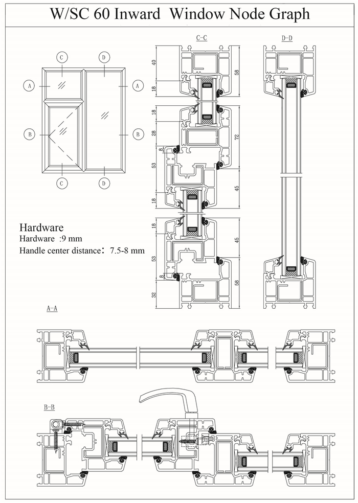 Drawing of 60mm uPVC window profiles